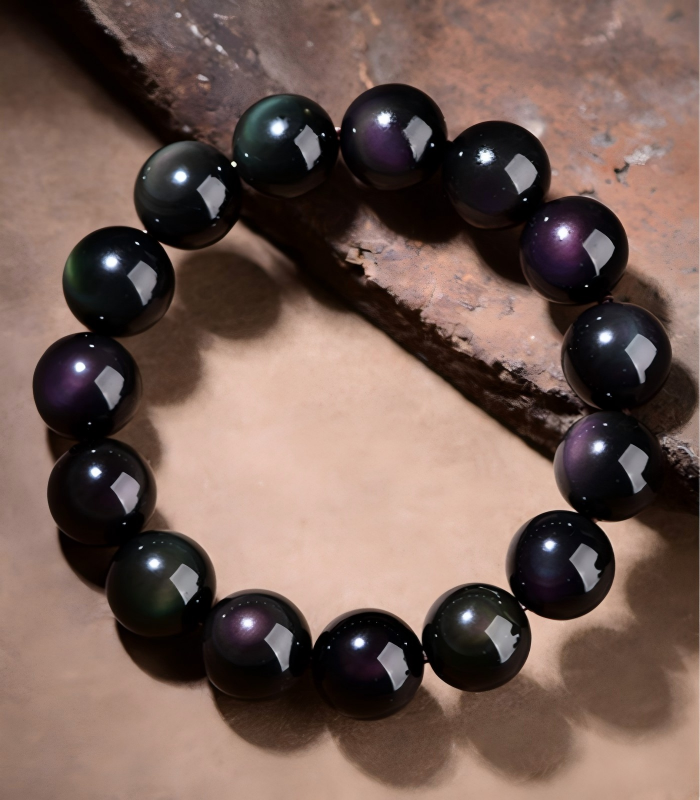 Double Rainbow Eye Obsidian Bead Bracelet Genuine double rainbow eye black obsidian bracelet for protection